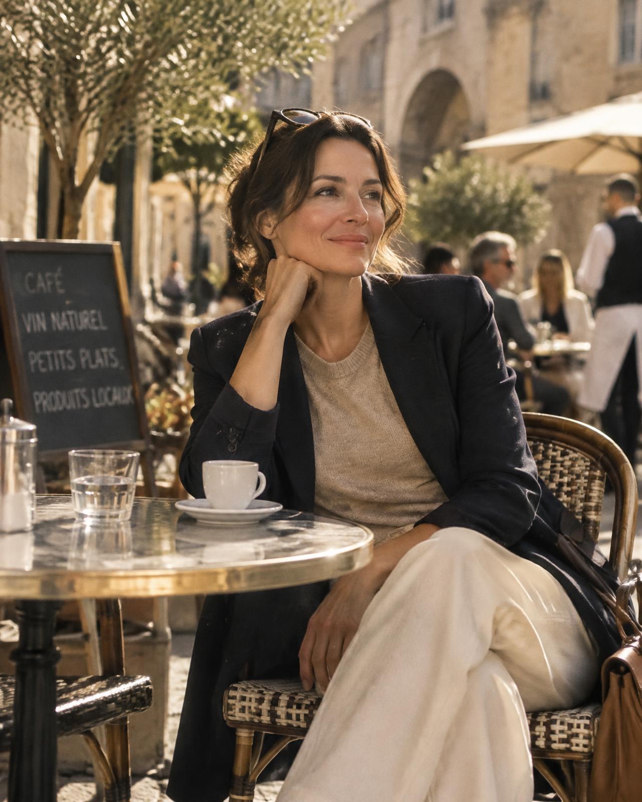 Vrouw geniet alleen van een koffie op een zonnig terras